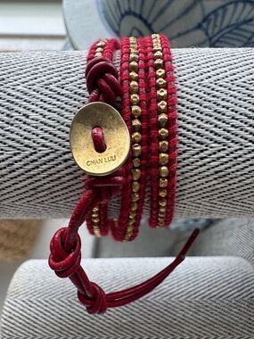 Chan Luu Deep Red Leather Wrap Bracelet with Gold Beads